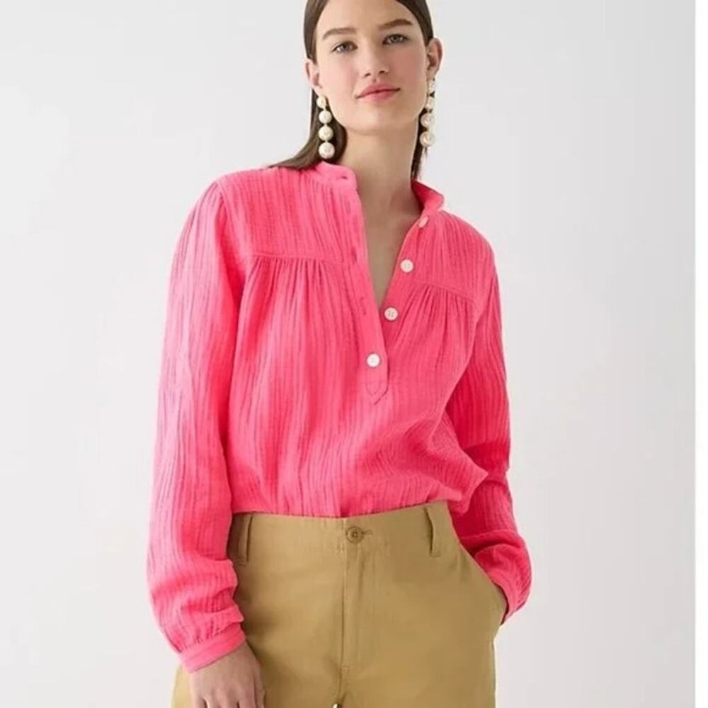 J.Crew Fresco Top Soft Gauze Long Sleeve Popover Shirt Pink Size Small